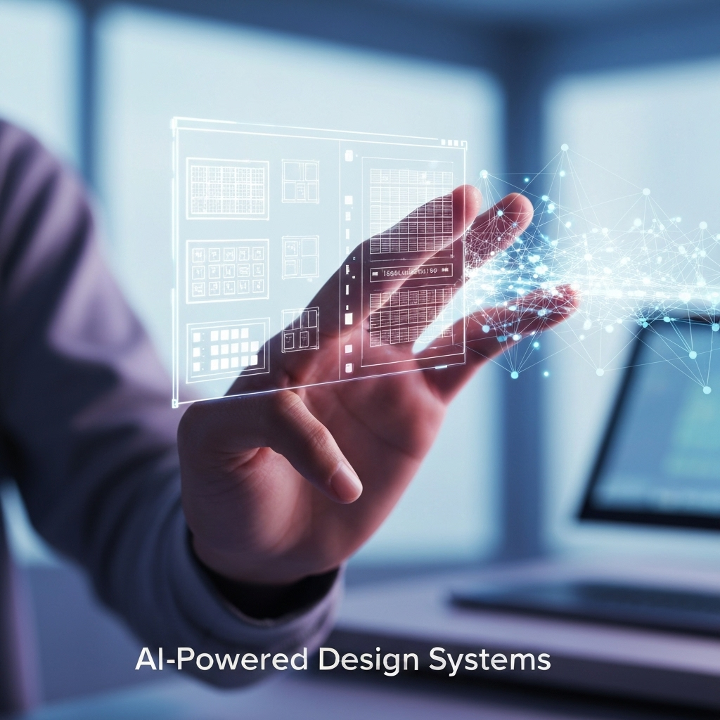 A human hand interacting with a futuristic digital interface displaying UI design components and AI-generated data streams, illustrating the integration of AI into a design system.