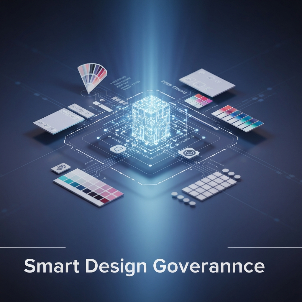 A futuristic digital interface showing an AI brain orchestrating design system components, with the headline "Smart Design Governance." This image illustrates the practical application of AI tools for managing and governing design systems, as detailed in "A Designer's Practical Guide to AI Design System Governance Tools."
