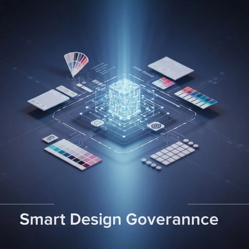 A futuristic digital interface showing an AI brain orchestrating design system components, with the headline "Smart Design Governance." This image illustrates the practical application of AI tools for managing and governing design systems, as detailed in "A Designer's Practical Guide to AI Design System Governance Tools."